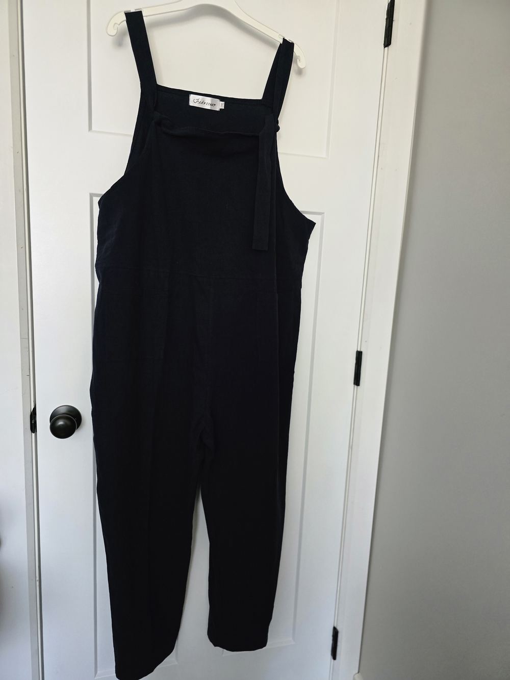 Navy Strap Tie Cotton/ Linen Blend Jumpsuit
